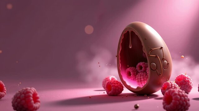 pink background, broken chocolate egg, filled with pink raspberries, some raspberries on the ground, light source from the top right, soft bokeh, small chocolate bits scattered.