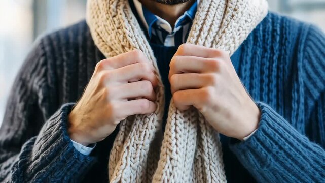 Man adjusting cozy knit scarf in winter setting: a fashion and comfort sequence