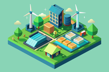 Obraz premium Isometric view of sustainable community with wind turbines and solar panels green energy