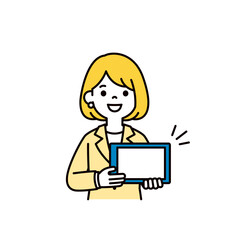タブレット画面を見せて接客する、スーツを着た若い女性のシンプルなベクターイラスト素材
