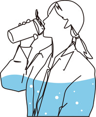水分補給をする女性の線画イラスト素材