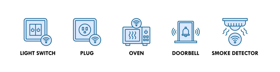 Smart Home banner web icon illustration concept with icon of light switch, plug, oven, doorbell, smoke detector