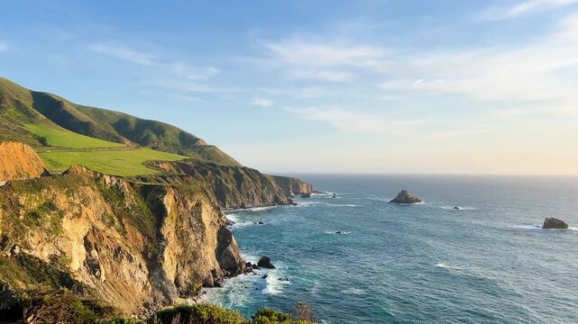 Bixby Bridge Rocky Creek Bridge in Big Sur California,pacific coast highway, handheld video 