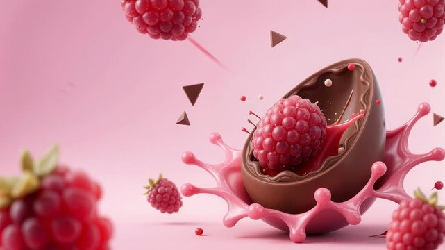  a chocolate egg splashing open, revealing a large red raspberry inside. Surrounding the egg are smaller red raspberries and pink splashes. Triangle shapes are scattered around.