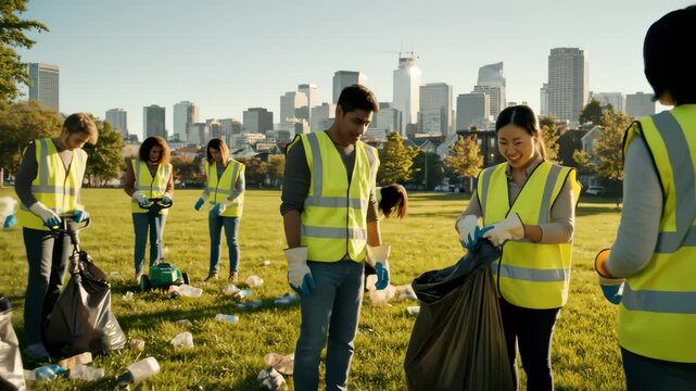 Diverse Volunteers Collect Trash at City Park for a Clean Environment