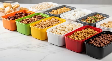 Assorted nuts in vibrant, colorful containers arranged on a bright, textured surface for snacking.
