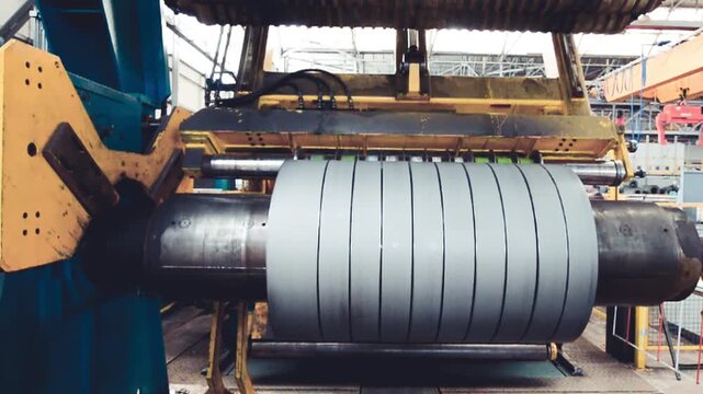 Rolled steel. Stack of rolls, cold rolled steel coils in action. Galvanized steel sheet and rusted edge. Cold rolled steel coils. Drum turns sheets into production. Industrial