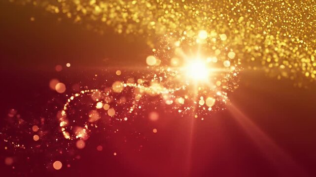Abstract golden light burst with bokeh effect and lens flare on red background.