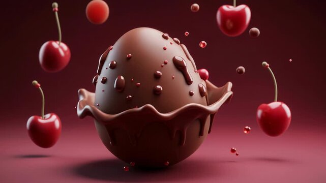 3D  a chocolate egg with a smiling face, red nose, and wide eyes. The egg has a wavy edge and is surrounded by floating red cherries. The egg's eyes are large and expressive