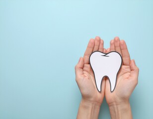 Obraz premium Hands holding a white tooth on a blue background