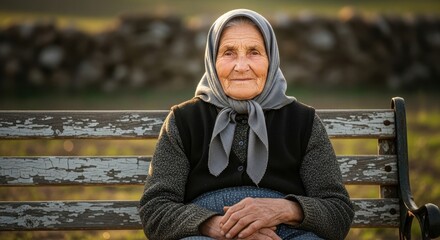 Serene elderly woman with gentle smile sitting on a weathered bench in natural sunlight