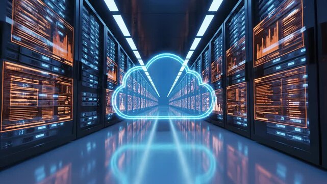 A luminous blue cloud icon floats through a futuristic data center corridor, illuminating server racks with glowing digital information