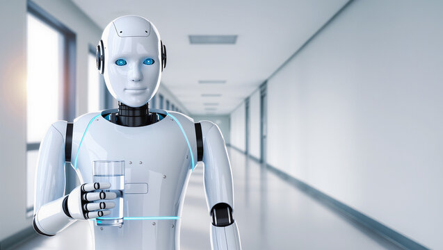 (1c) A medium shot of a sleek, white humanoid medical service robot holding a glass of water in a bright, sunlit modern hospital corridor. The healthcare setting features natural light.