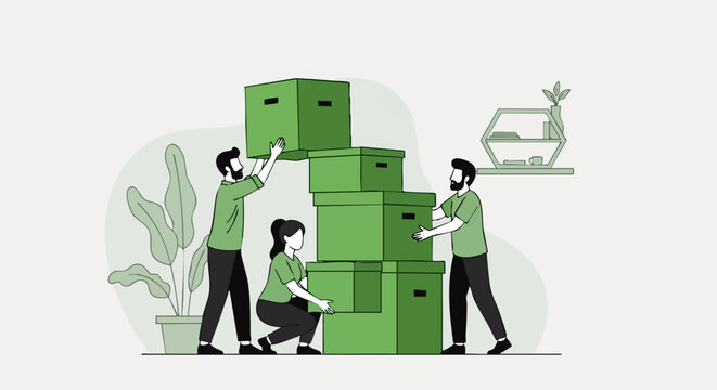 Three people collaborating together carefully stacking heavy green moving boxes during an office relocation process on white background