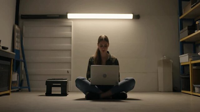 Focused Female Technician Working on Laptop in Garage Nook, Surrounded by Step Stool, Ladder, Shelving, and Fluorescent Light