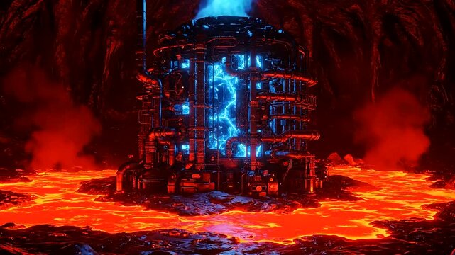 Witness the immense power of a futuristic quantum processor and fusion reactor core, radiating intense blue electricity from its intricate design within a fiery, molten underworld.