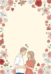 Romantic couple with floral border illustration background
