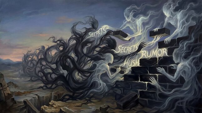 Ghostly figures building a wall of secrets and rumors at dusk