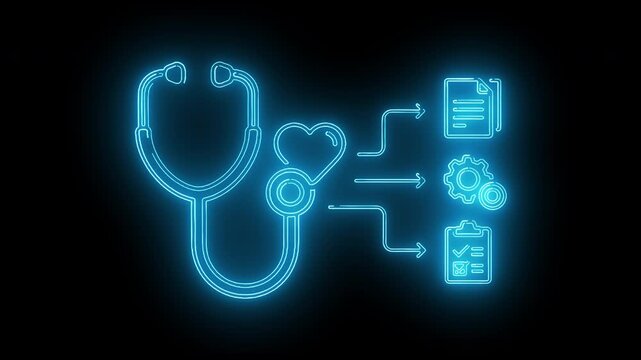 Digital illustration of a glowing blue stethoscope with icons representing medical records and healthcare on a black background.