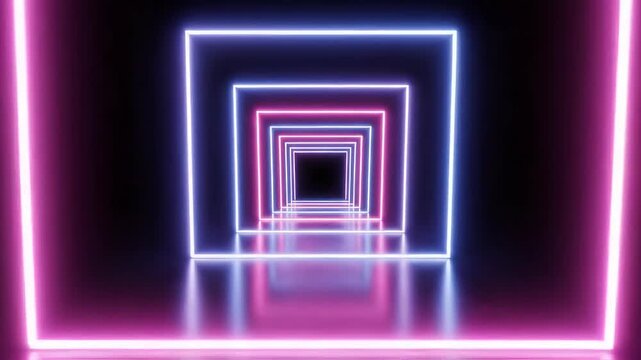 Neon light tunnel with glowing squares