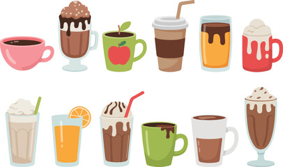 Colorful Cafe Drinks Vector Illustration Set Coffee, Latte, and Sweet Toppings
