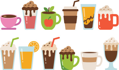 Colorful Cafe Drinks Vector Illustration Set Coffee, Latte, and Sweet Toppings