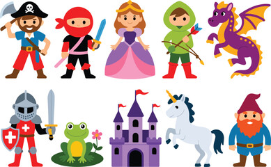 Fairy Tale Character Vector Set Princess, Knight, Dragon, and Magical Creatures