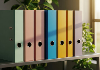 Neat row of pastel and vibrant ring binder folders on office shelf in sunlight, organized paperwork storage with colorful stationery against blurred indoor plant background