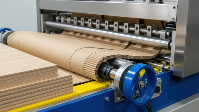 Corrugated cardboard sheet rolling on industrial machine in modern packaging production line closeup of automated equipment processing paperboard material for manufacturing carton boxes