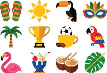 Brazil Carnival & Summer Travel Icon Set Tropical Animals, Food, and Festival