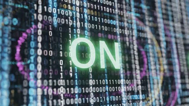 Digital binary code with glowing text
