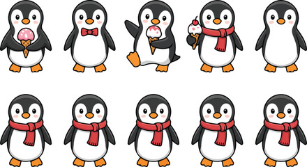 Cute Penguin Character Vector Set Winter Scarves, Hats, and Ice Cream