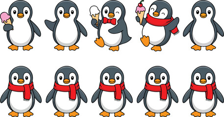 Cute Penguin Character Vector Set Winter Scarves, Hats, and Ice Cream