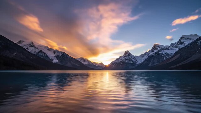 Stunning Sunset Over Mountain Lake Reflecting Colorful Sky Scenery.