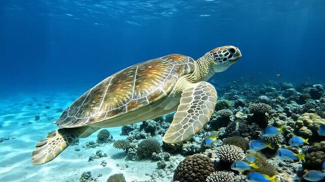 Sea turtle swimming in coral reef
