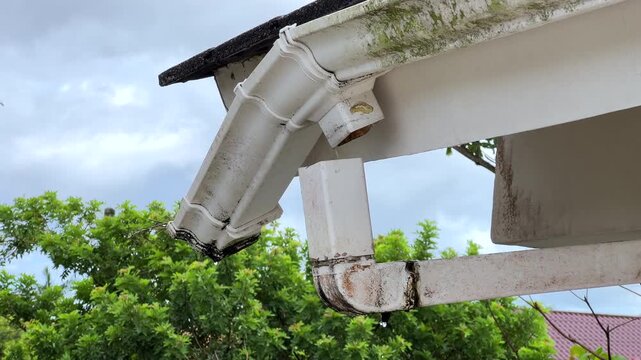 Close-up reveal of a broken and leaking white rain gutter on a residential house exterior with mold and moss. 4K 10-bit ProRes 30fps.