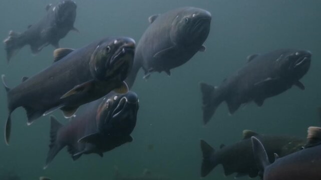 School of Coho salmon on the way to their spawning grounds in a river in the Pacific Northwest in Canada.