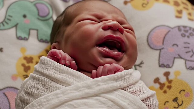 Newborn baby crying wrapped in blanket