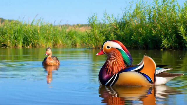 The colorful mandarin ducks glide gracefully on the calm water surface.