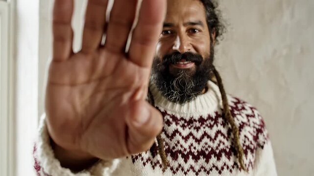 Man with beard wearing patterned sweater