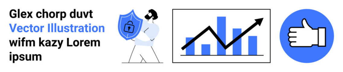 Obraz premium Data protection, cybersecurity, business growth, analytics, approval, online privacy. Person with a shield, graph and thumbs up. Data protection and cybersecurity conceptualize the imagery