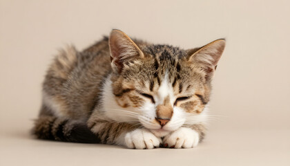 Obraz premium Adorable Tabby Kitten Falling Asleep While Sitting Up with Head Lolling Forward