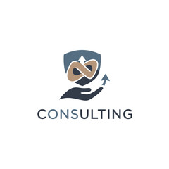 Obraz premium Consulting logo with shield, infinity symbol, hand, and upward arrow.