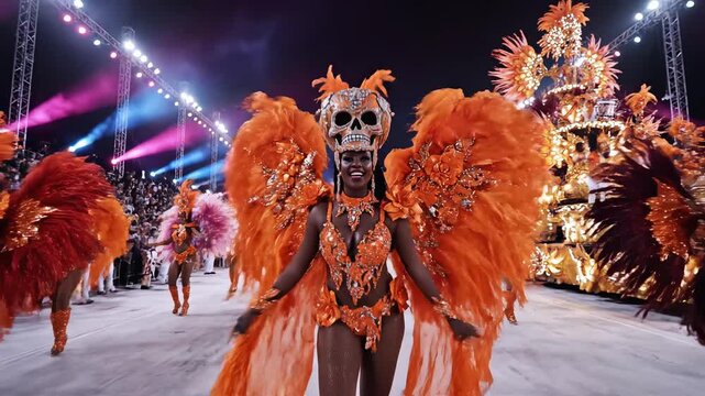 Carnival parade performers in vibrant costumes