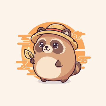 Cute Cartoon Raccoon Wearing a Straw Hat Holding a Leaf.