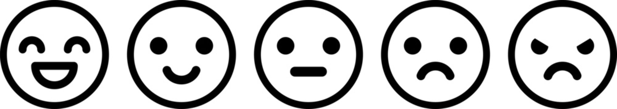 5段階評価の表情アイコン（単色・モノクロ・感情レベル） Five-Level Facial Expression Rating Icons Monochrome Set
