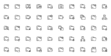 Folders icon set. Minimal vector folder icons pack. Includes folder, open folder, data sharing and more. Editable stroke vector illustration.
