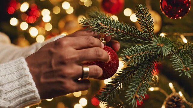 Hand decorating Christmas tree with ornaments