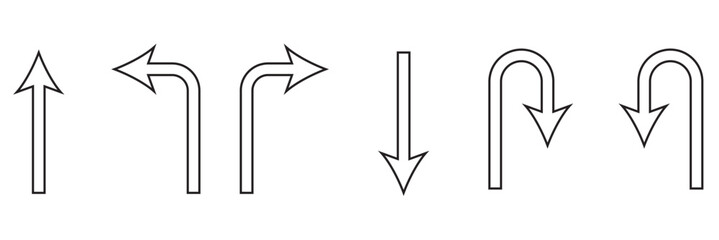 Set of black directional arrow icons including U turn, right turn, left turn, and straight arrows. Simple vector signs for traffic, navigation, and road directions