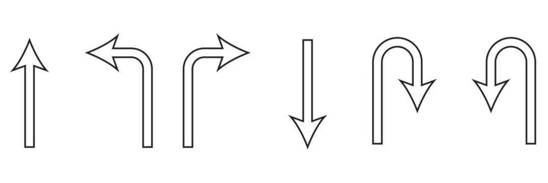 Set of black directional arrow icons including U turn, right turn, left turn, and straight arrows. Simple vector signs for traffic, navigation, and road directions